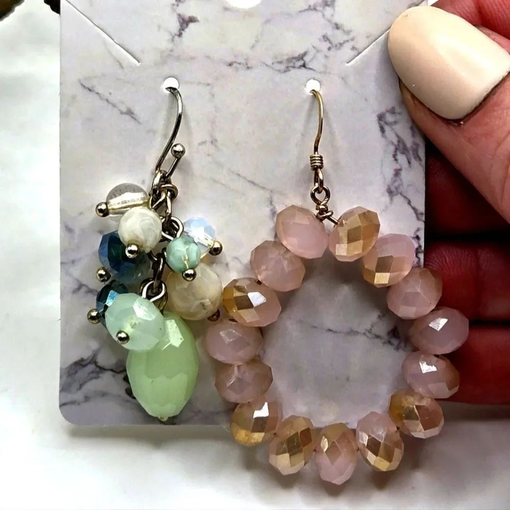 "5/$40" Mismatched Crystal Quartz Bead Pink & Green Dangle Earrings